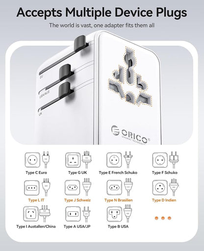 ORICO Universal Travel Adapter 100W GaN International Power Adapter | 7 in 1 (2 AC, 3 USB-C, 2 USB-A) European Travel Plug Adapter, Built-in Retractable USB-C Cable for Eu UK AU 200+ Countries
