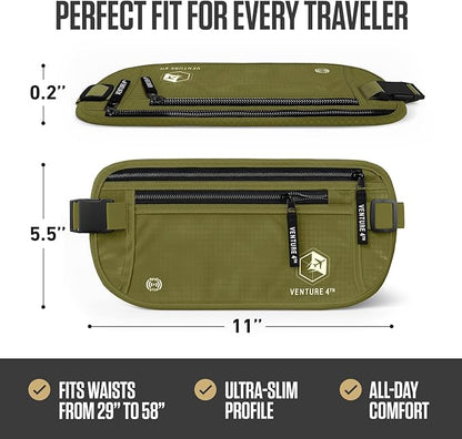 VENTURE 4TH Money Belt for Travel – Hidden Under-Clothes RFID Blocking Passport Holder & Slim Travel Wallet Pouch for Men & Women to Protect Cash, Cards & Documents (Green)