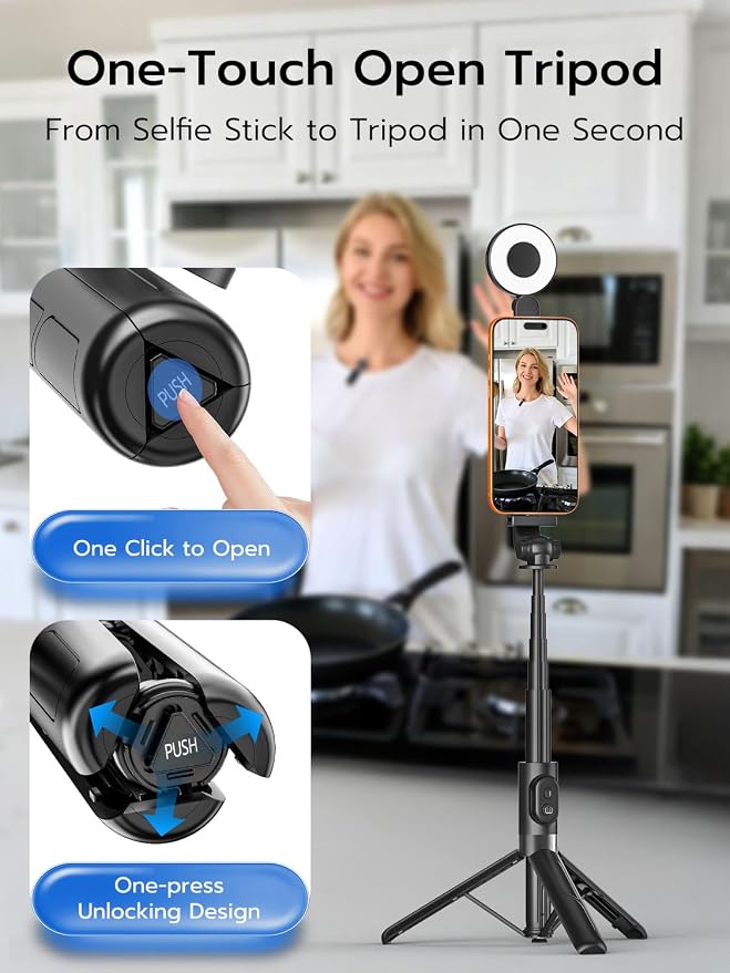 USKEYVISION Magnetic Selfie Stick Tripod with Light, Magnetic Holder for Magsafe, 360° Rotatable Phone Tripod with Rechargeable Remote&Microphone, Vlogging Kit for Video Recording(SPT-02 Combo1)