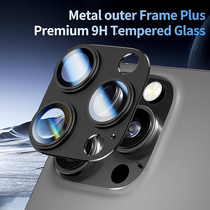 2 Pack Camera Lens Protector for iPhone 14/15/16 Pro & Pro Max Tempered Glass Camera Cover Lens Aluminum Alloy Metal, for iPhone 16 pro max Camera Lens Protector, Clear Photography, Black