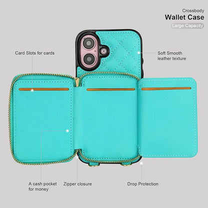 Bocasal Crossbody Wallet Case for iPhone 16, RFID Blocking PU Leather Zipper Handbag Purse Flip Cover, Kickstand Folio Case with Card Slots Holder Wrist Strap Lanyard 5G 6.1 Inch (Mint Green)
