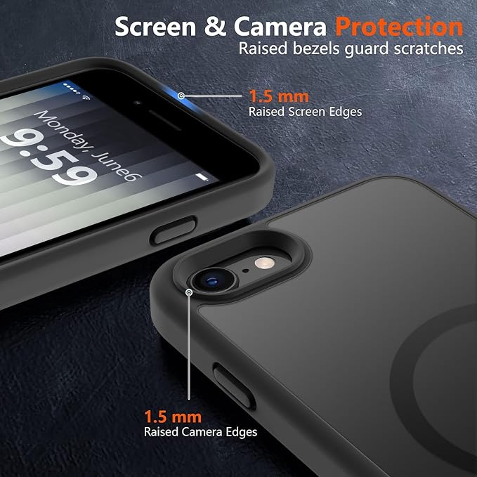 MOCCA Strong Magnetic for iPhone SE Case 2022/iPhone SE 2020 Case/iPhone 7 Case/iPhone 8 Case [Compatible with Magsafe] Slim Thin Translucent Matte Protective Cover Phone Case 4.7'', Black