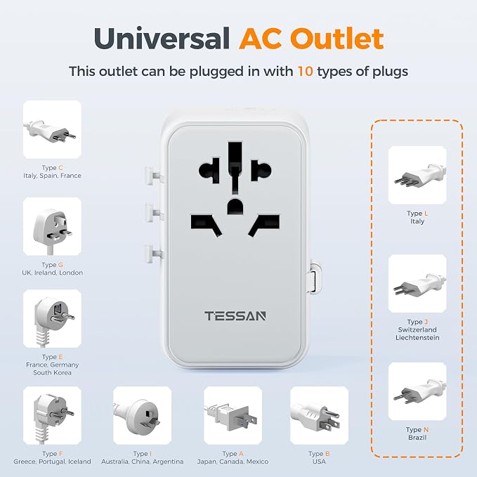 TESSAN Universal Travel Adapter PD 35W GaN | Built-in Retractable USB C Cable, 6 in 1 Worldwide, 4 USB Ports, US to Europe UK AUS, Type C G A I