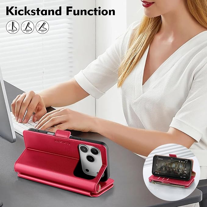 Antsturdy Compatible with iPhone 17 Pro Wallet Case Women,RFID Blocking PU Leather Phone Case Men Kickstand Flip Cover Wrist Strap Zipper Credit Card Holder Slots for Apple 17 Pro 6.3",Red