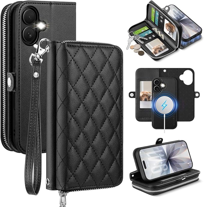 OCASE for iPhone 17 Crossbody Detachable Wallet Case, PU Leather Handbag Phone Purse with Zipper Closure, Card Slots & RFID Blocking, Wrist Strap, Lanyard, Kickstand, Diamond Check Black