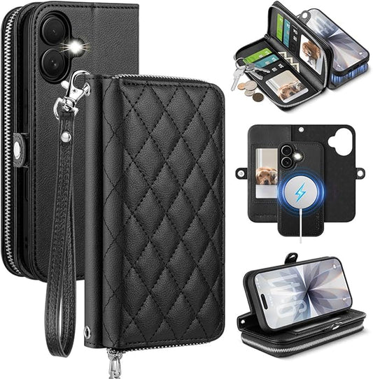 OCASE for iPhone 17 Crossbody Detachable Wallet Case, PU Leather Handbag Phone Purse with Zipper Closure, Card Slots & RFID Blocking, Wrist Strap, Lanyard, Kickstand, Diamond Check Black