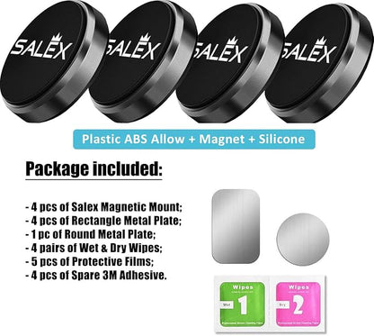 SALEX Magnetic Phone Mount 4 Pack. Black Flat Cell Phone Holder for Car Dashboard, Wall, Truck. Universal Stick on iPad Wall Magnet Mount for Tablets. Wall Low Profile Magnetic Car Mount for iPhone.