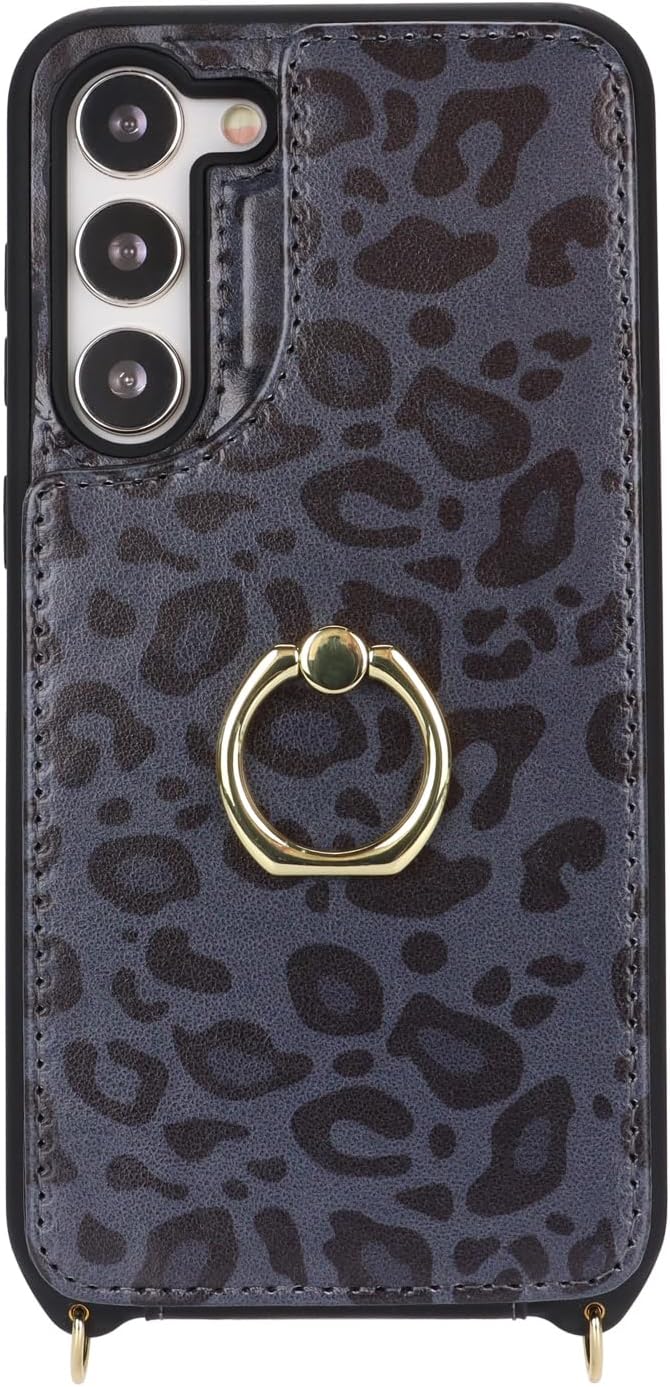 Lipvina for Samsung Galaxy S22 Case with Card Holder and Strap for Women,Crossbody Lanyard,RFID Blocking,Ring Stand,Snap Clasp,Cute Phone Wallet Cases 6.1 inch(Black Leopard)