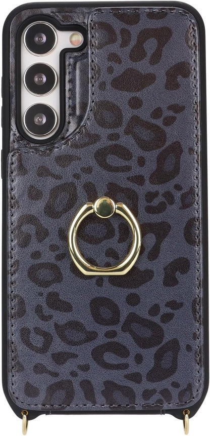 Lipvina for Samsung Galaxy S22 Case with Card Holder and Strap for Women,Crossbody Lanyard,RFID Blocking,Ring Stand,Snap Clasp,Cute Phone Wallet Cases 6.1 inch(Black Leopard)