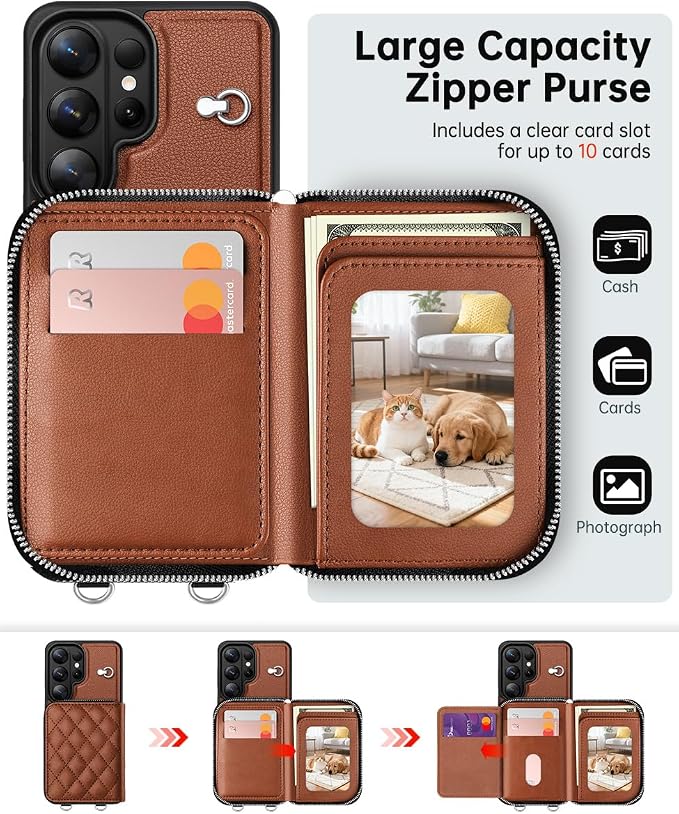 OCASE Compatible with Samsung Galaxy S26 Ultra Crossbody Wallet Case with Card Holder, PU Leather Zipper Handbag Phone Purse with RFID Blocking Kickstand Wrist Strap Lanyard, Brown