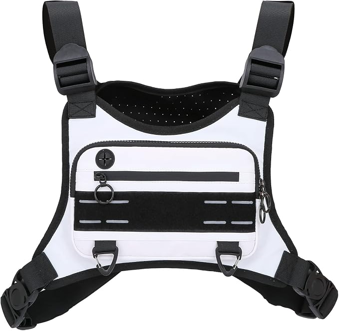 Muserise Sports Chest Bag For Men Women, Water Resistant Lightweight Front Chest Pack, Running Vest Bag With Built-In Phone Holder & Extra Storage For Workouts, Running, Cycling (White)