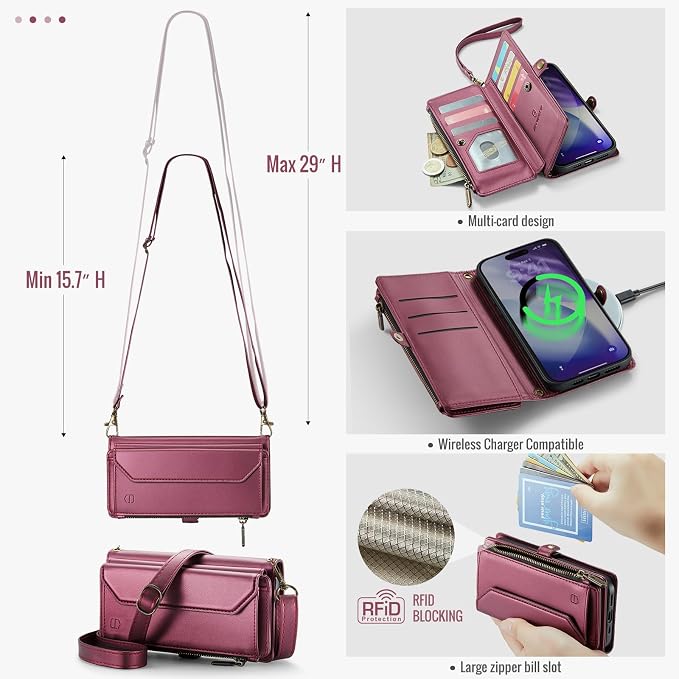 Strapurs Wallet Case Compatible with iPhone 17 Pro Max 6.9" RFID Blocking 10-Card Holder Soft PU Leather Magnetic Snap Shoulder Strap Zipper Pocket Phone Case Fit for iPhone 17 Pro Max - Wine Red