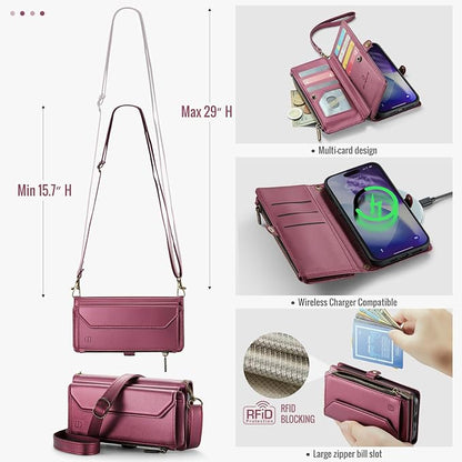 Strapurs Wallet Case Compatible with iPhone 17 Pro Max 6.9" RFID Blocking 10-Card Holder Soft PU Leather Magnetic Snap Shoulder Strap Zipper Pocket Phone Case Fit for iPhone 17 Pro Max - Wine Red