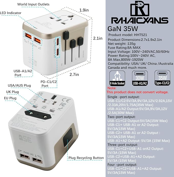 Universal Travel Adapter with 4 Ports (2 USB-C & 2 USB-A) Fast Charging 35W Worldwide All-in-One Power Adapter for USA, Europe, UK, Australia & 150+ Countries