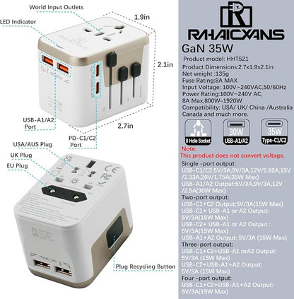 Universal Travel Adapter with 4 Ports (2 USB-C & 2 USB-A) Fast Charging 35W Worldwide All-in-One Power Adapter for USA, Europe, UK, Australia & 150+ Countries