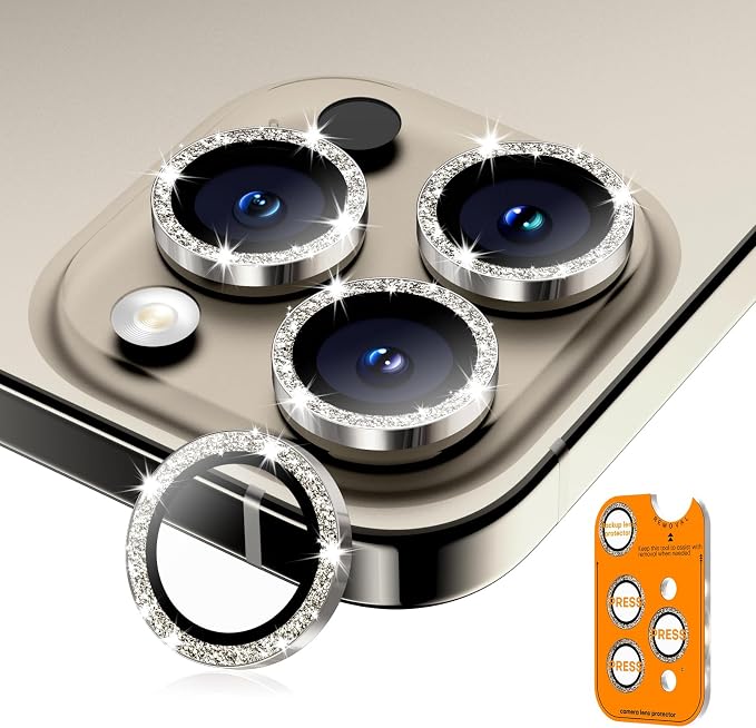 Camera Lens Protector for iPhone 17 Pro Max/17 Pro/16 Pro Max/16 Pro/15 Pro Max/15 Pro/14 Pro Max/14 Pro, Tempered Glass Metal Individual Camera Cover[Anti-drop] Case Friendly-Glitter Natural