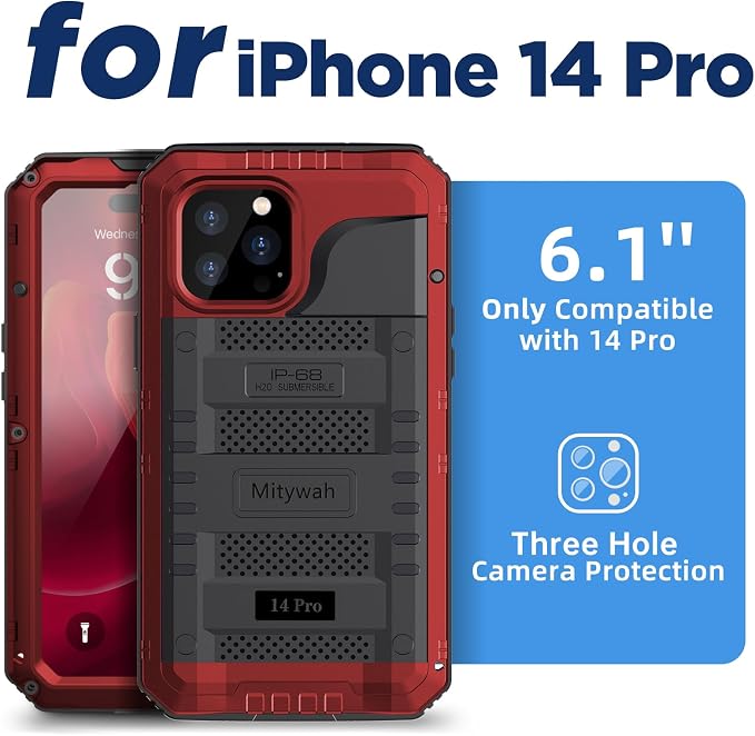 Mitywah Waterproof Case for iPhone 14 Pro, Heavy Duty Shockproof Case with Built-in Screen Protector, Full Body Underwater Protective Metal Case 6.1 inch, Red