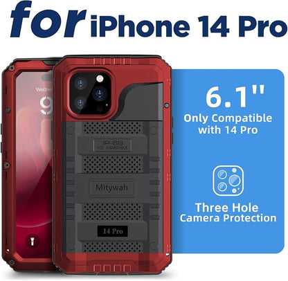 Mitywah Waterproof Case for iPhone 14 Pro, Heavy Duty Shockproof Case with Built-in Screen Protector, Full Body Underwater Protective Metal Case 6.1 inch, Red
