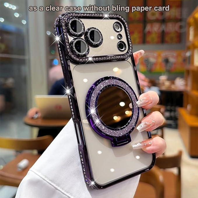 for iPhone 17 Pro Magnetic Case, [Compatible with Magsafe] Kickstand Shockproof Glitter Girls Woman Cute Bling Cover Makeup Mirror Ring Holder with Camera Protector for iPhone 17 Pro, Purple