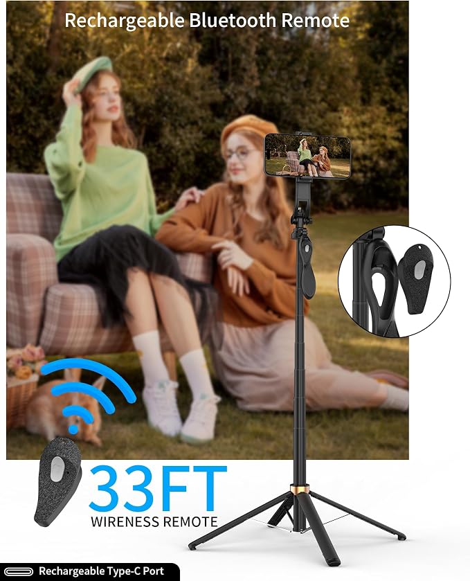 Selfie Stick Quadpod, 71" Phone Stand,Cell Phone Tripod with Wireless Remote, iPhone Quadpod Stand,Selfie Stick Tripod for iPhone Compatible with All Cell Phones,Camera
