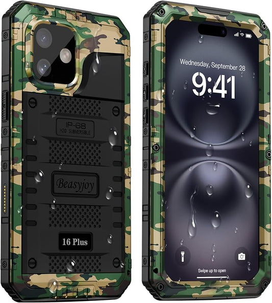 Beasyjoy for iPhone 16 Plus Case Waterproof, Metal Heavy Duty Full Body Protective Case with Built-in Screen Protector, Military Grade Shockproof Defender Cover for iPhone 16 Plus 6.7", Camo