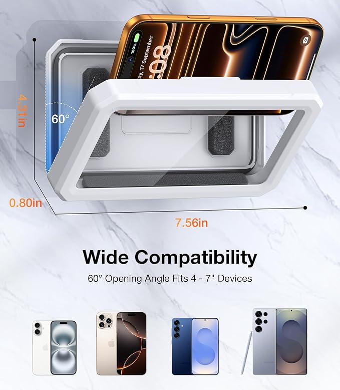Coolpow Shower Phone Holder Waterproof Phone Holder for Shower Wall Waterproof【Anti-Fog】480°Adjustable Retractable Bathroom Phone Holder Mount Stand Water Proof Shower Case for iphone 4-7" Cellphones