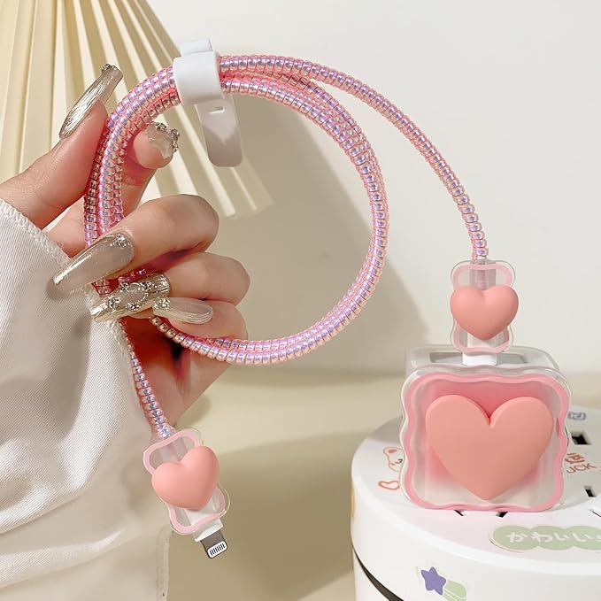Lovmooful Compatible for iPhone 18W/20W USB-C Charger Cover Clear Lovely 3D Love Heart Waves Design Soft Charger Protector Cute Cable Case Saver Protector for Girls Women-Pink Heart