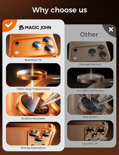 MAGIC JOHN for iPhone 17 Pro Max/17 Pro Camera Lens Protector [Alignment Kit&1:1 Invisible Fit] 9H Aerospace Tempered Glass, Ultra HD, Metal Individual Ring, Set of 2,Orange