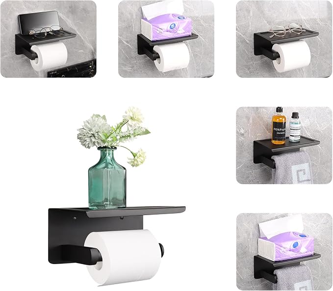 NearMoon Toilet Paper Holder with Shelf, Heavy Duty Bath Toilet Roll Holder with Phone Shelf Tissue Hanger for Bathroom/Kitchen No Drill or Wall Mounted(304 Stainless Steel, Matte Black)