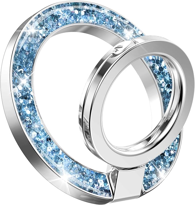 GVIEWIN Magnetic Phone Ring Holder, Compatible with MagSafe Phone Grip with Adjustable Stand, Magnet Phone Ring Kickstand for iPhone 17/16/15/14/13/12 Pro Max Plus Air/Other Phones (Glitter/Blue)