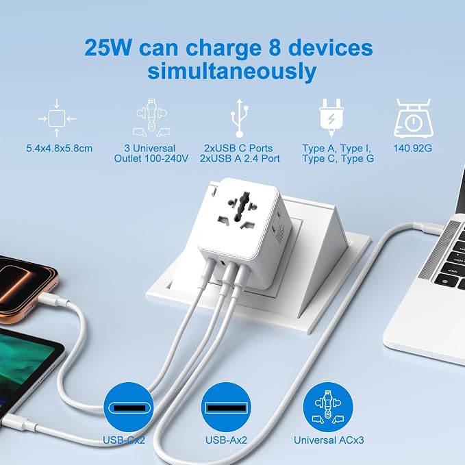 Universal Travel Adapter 25W, International Power Plug Converter with 2500W High Power Support, All-in-One AC Adapter for Europe UK US AUS, 2 USB-C + 2 USB-A Ports, Compact Travel Charger