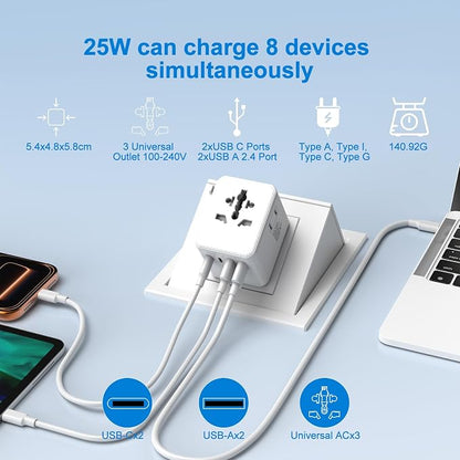 Universal Travel Adapter 25W, International Power Plug Converter with 2500W High Power Support, All-in-One AC Adapter for Europe UK US AUS, 2 USB-C + 2 USB-A Ports, Compact Travel Charger