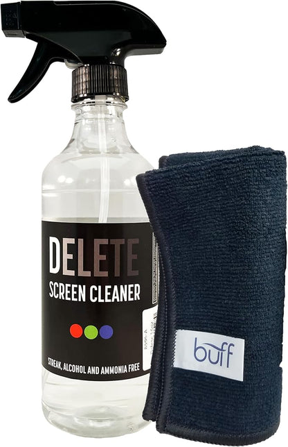 Delete Screen Cleaner Spray Kit, 16oz Bottle and 12"x12" Microfiber Cleaning Cloth, Streak-Free, Safe and Gentle Formula, Multi-Purpose for Devices, Large TVs, Computers, Monitors, Smart Phones