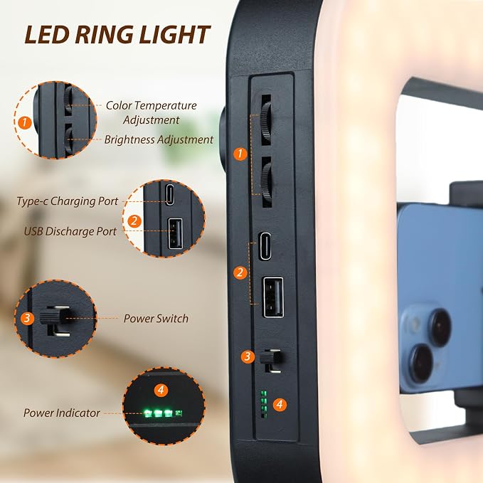 Ring Light for Phone with Video Rig, LED Video Light Kit, 8000mAh Battery, Bluetooth Remote, Adjustable Brightness and Color for Selfie, Phone Photography, TikTok, YouTube, Vlogging (LED Pro)