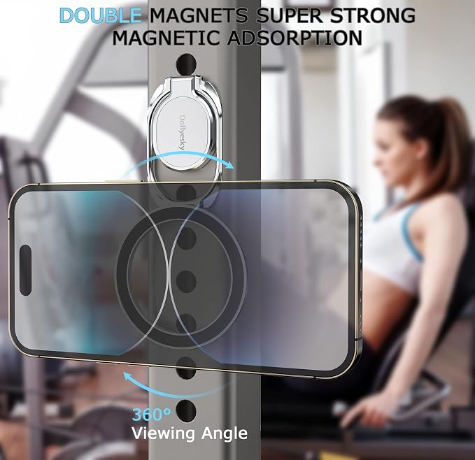 Magnetic Phone Grip Holder Kickstand, Gym Double Adjustable Finger Ring Grip and Stand, Compatible with PopSockets MagSafe Ring Removable for iPhone (Silver)