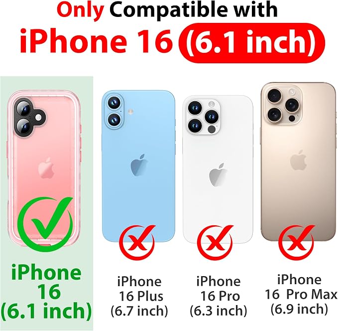 SPORTLINK for iPhone 16 Waterproof Phone Case - Built in Screen & Camera Lens Protector,6.6FT Military Dropproof/Shockproof/Dustproof/IP68 Underwater for iPhone 16 6.1 inch Pink/Frosted Clear