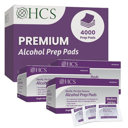 HCS Bulk Medium Alcohol Prep Pads - Textured, 70% Isopropyl Alcohol Wipes, Individually Wrapped - 2 ply, Sterile Skin Prep Swabs for Injections, First Aid (4000/Case)