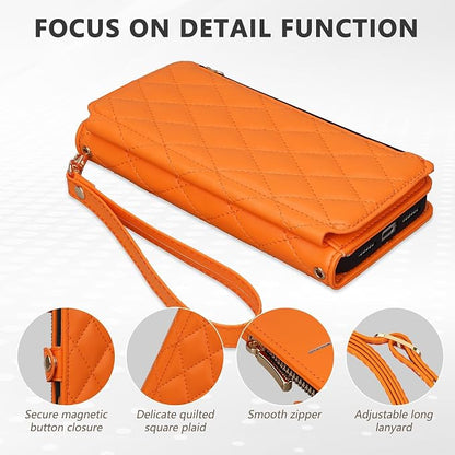 Rssviss Crossbody Wallet Case for iPhone 17 Pro Max 6.9", with Make Up Mirror, Wrist Strap, Zipper Purse Magnetic Flip, RFID Blocking Card Holder Kickstand, PU Leather Shockproof Women, Orange