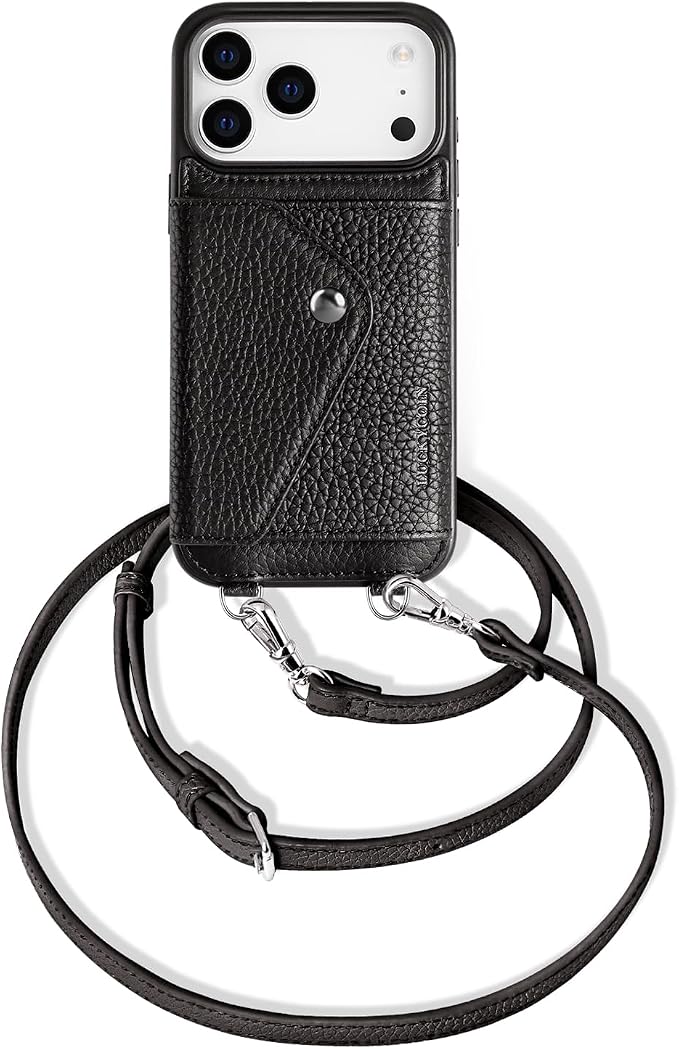 LUCKYCOIN for iPhone 17 Pro Max Crossbody Wallet Case – Genuine Leather Phone Purse with Adjustable Strap and Card Holder,Lanyard Phone Purse Case for Women,Pebble Grain Black