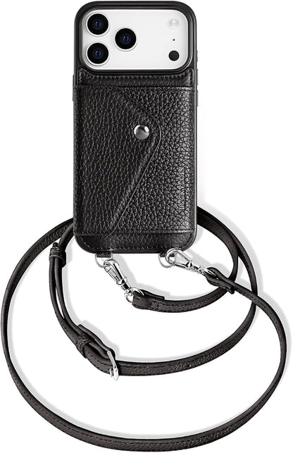 LUCKYCOIN for iPhone 17 Pro Max Crossbody Wallet Case – Genuine Leather Phone Purse with Adjustable Strap and Card Holder,Lanyard Phone Purse Case for Women,Pebble Grain Black