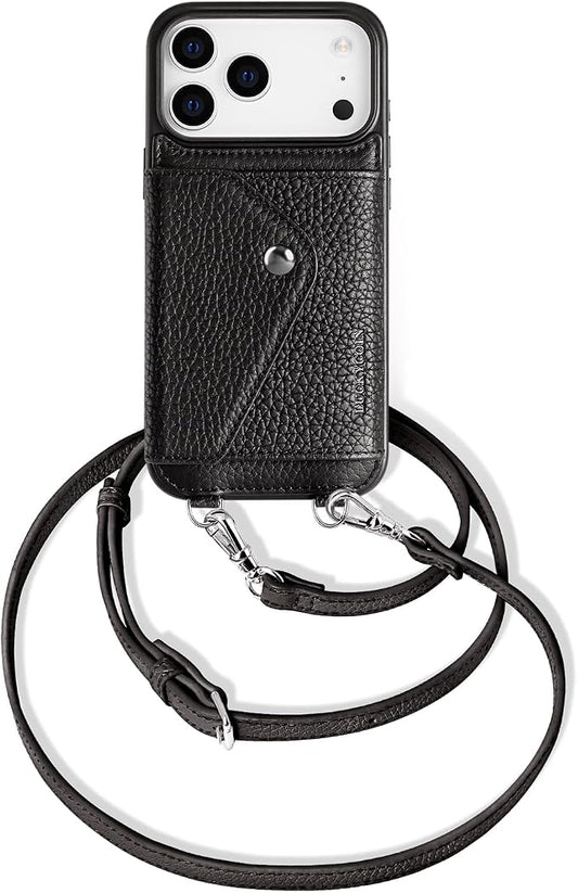 LUCKYCOIN for iPhone 17 Pro Max Crossbody Wallet Case – Genuine Leather Phone Purse with Adjustable Strap and Card Holder,Lanyard Phone Purse Case for Women,Pebble Grain Black
