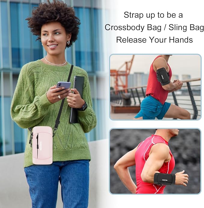 Arm Phone Holder for Running, Crossbody Phone Holder Bag, Phone Arm Bands for Running Hiking, Adjustable Cell Phone Armbands for iPhone Samsung Galaxy LG Card Keys 7.5 Inch (Crossbody Bag Pink)