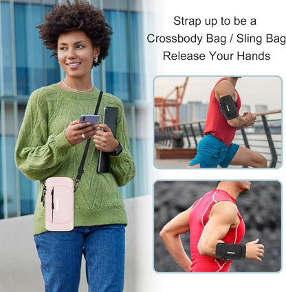 Arm Phone Holder for Running, Crossbody Phone Holder Bag, Phone Arm Bands for Running Hiking, Adjustable Cell Phone Armbands for iPhone Samsung Galaxy LG Card Keys 7.5 Inch (Crossbody Bag Pink)
