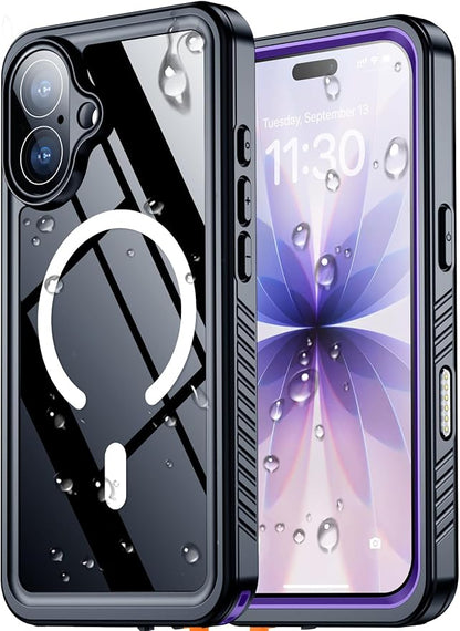 SPIDERCASE Magnetic for iPhone 17 Case- [Compatible with Magsafe] [IP68 Underwater] 15FT Military Grrade Shockproof Full Body Sealed Drop Protection with Lanyard for iPhone 17 6.3"-Purple/Clear
