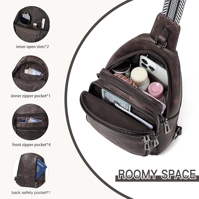 Leresas Sling Bag for Women Crossbody Fanny Pack Sling Purse Backpack Vegan Leather Travel Handbag Cross Over Shoulder Bag Gifts for Women Coffee