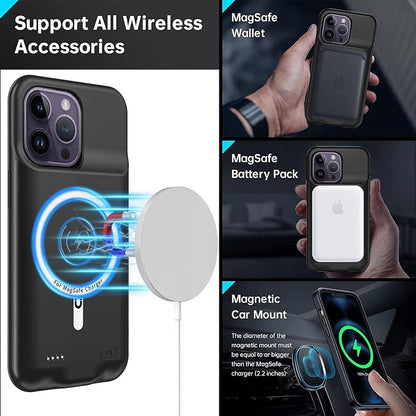 Wireless Charging Case for iPhone 14 Pro Max, 12000mAh High Capacity Portable Rechargeable Battery Case Qi Wireless Charging with iPhone 14 Pro Max (6.7 inch) Extended Battery Charger Cover (Black)