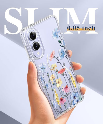 GVIEWIN for Samsung Galaxy S25 Edge Case, Clear Floral Shockproof Protective Women Phone Case, Non-Yellowing, Screen&Camera Lens Protector for Galaxy S25 Edge 6.7",Aconite/Light Blue