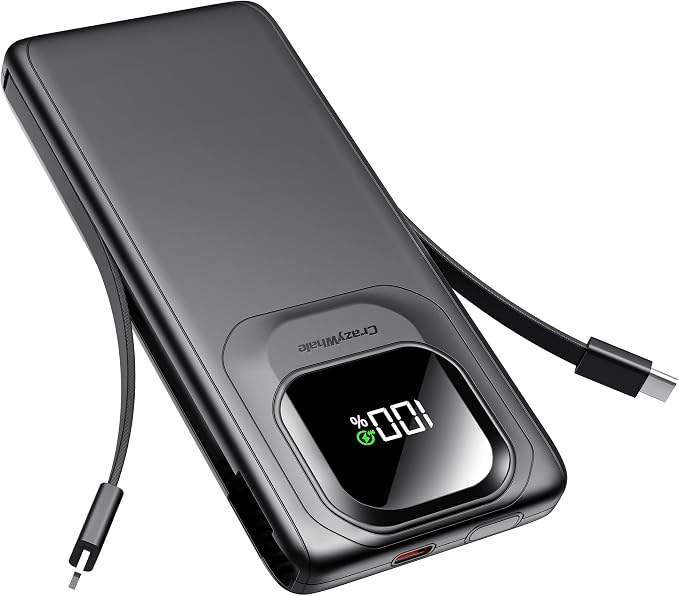 Portable Charger with Built-in Cables,22.5W Super Fast Charging Power Bank Slim Phone Charger,10000mAh Travel Battery Pack Battery Bank with Smart LED Display for iPhone, Android & USB-C