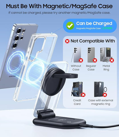 3 in 1 Magnetic Wireless Charging Station for Samsung, Foldable MagSafe Charger Stand with Switchable Night Light for Galaxy S26/S25/Z Fold/Z Flip, Watch Charger for Galaxy Watch Ultra/8/7/6, for Buds