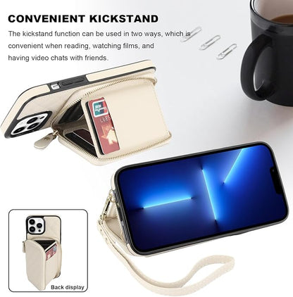 Bocasal Crossbody Wallet Case for iPhone 13 Pro Max, RFID Blocking PU Leather Zipper Handbag Purse Flip Cover, Kickstand Folio Case with Card Slots Holder Wrist Strap Lanyard 5G 6.7 Inch (Beige)